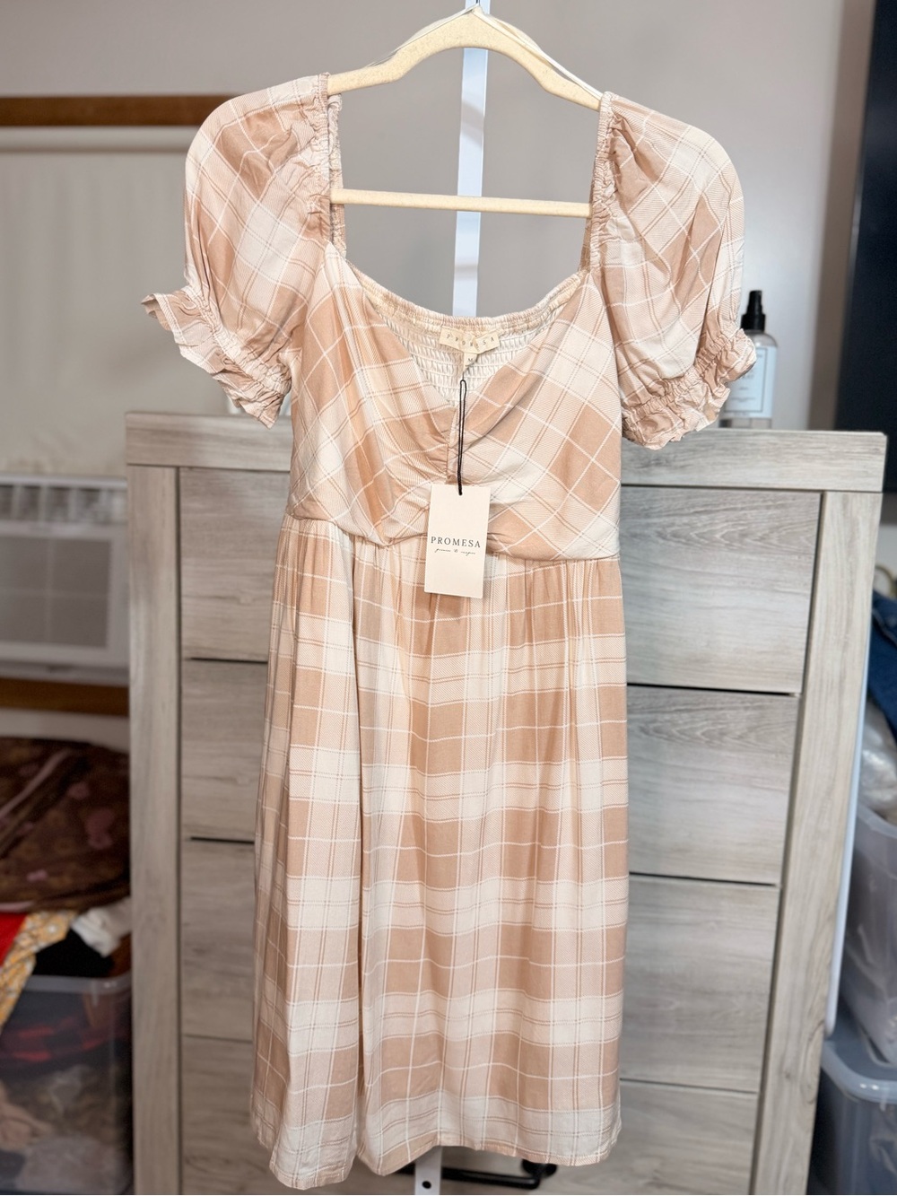Promesa Tan and Cream Plaid Puff-Sleeve Dress - Size M